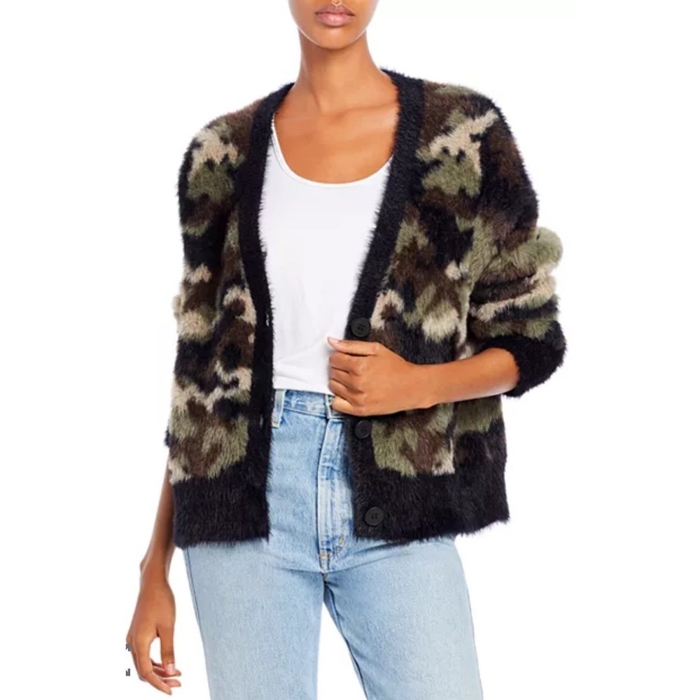 Bella Dahl Fuzzy Camo Cardigan Sweater XS Extra Small Button Down Brown Black